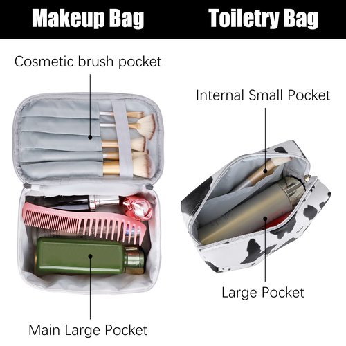 UOIXPUHUO Makeup Bag Cow Print Set of 2, Portable Cosmetic Bags Travel Toiletry Bag with Handle and Divider, Waterproof PU Leather Make Up Purse Pouch for Women Bathroom Girls