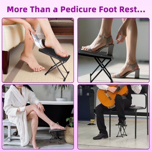 Pedicure Foot Rest, 6 Heights Adjustable Foot Stool, Metal Foldable Non-Slip Stand for Home and Salon Use Pedicure Station, Ideal Pedi Stool for Nail Tech or Guitar Foot Stool Black