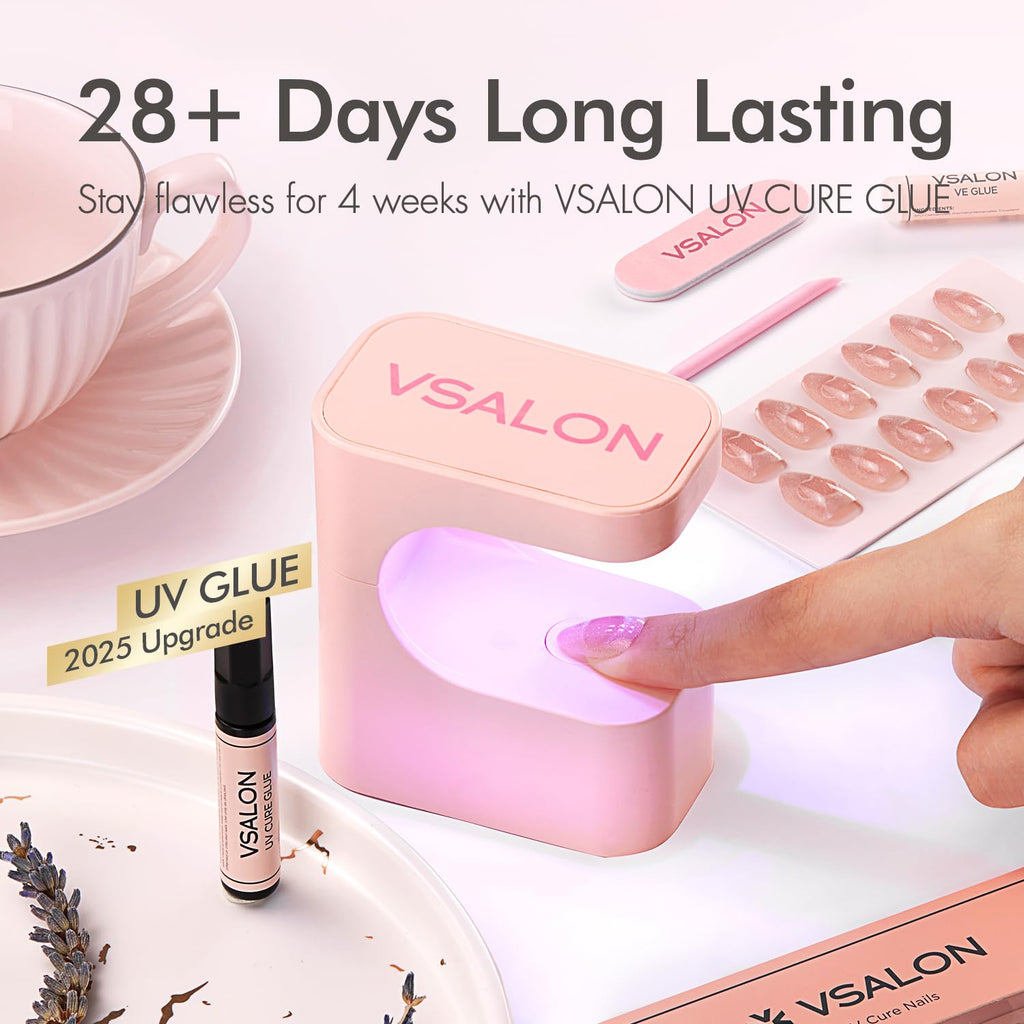 VSALON Press On Nails Short Almond, 32 Pcs 16 Sizes Cat Eye Spring Press On Nails Silver Shimmer Ribbon Sparkly Fake Nails With UV Glue Reusable Stick On Nails Semi-transparent