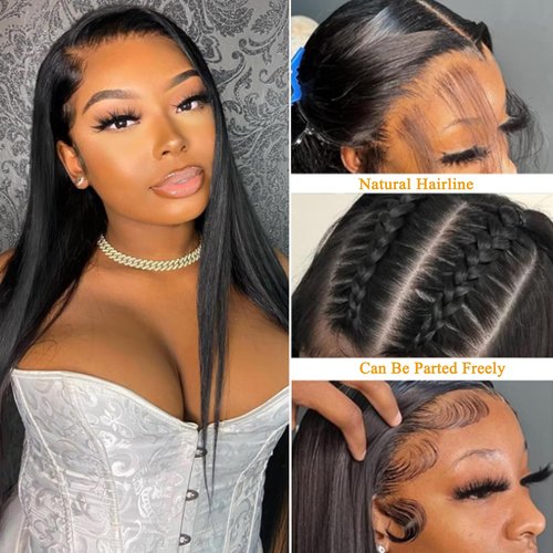 Jozlynn Black Synthetic Lace Front Wig Long Straight Preplucked Hairline Heat Resistant Glueless Wigs Free Parting for Women (Black, 22 inch)