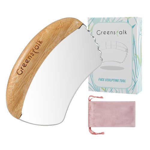 Greenstalk Stainless Steel Gua Sha With Bamboo-Handled For Face, Body, Face Sculpting Tool,Facial Massage Tool for Puffiness, Wrinkles, Dark Circles