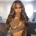 goodear 13x6 Lace Frontal Brown Highlight Wig for Women, Long Wavy Lace Hairline Middle Part Synthetic Heat Resistant Wig for Daily Party - 24 Inch