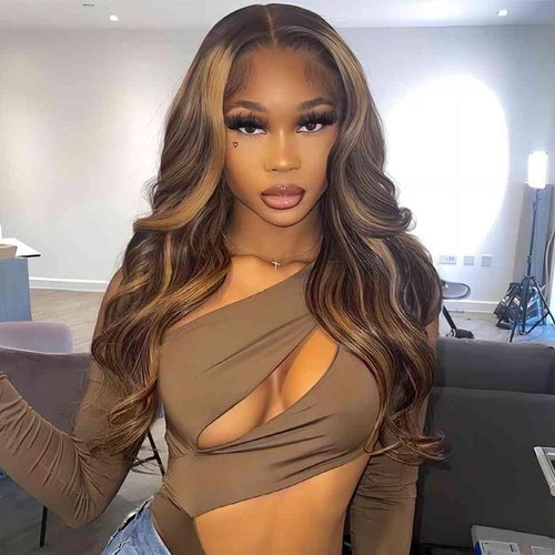 goodear 13x6 Lace Frontal Brown Highlight Wig for Women, Long Wavy Lace Hairline Middle Part Synthetic Heat Resistant Wig for Daily Party - 24 Inch