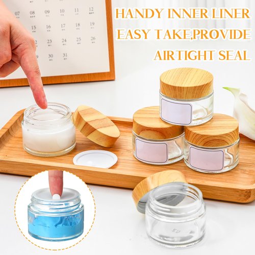 Layhit 48 Pcs 50 ml Cosmetic Glass Jars with Lids 1.69 oz Small Jars with Plastic Woodgrain Lids, White Labels and Inner Liners Empty Round Cosmetic Containers for Creams Lotions Powder Candle Making