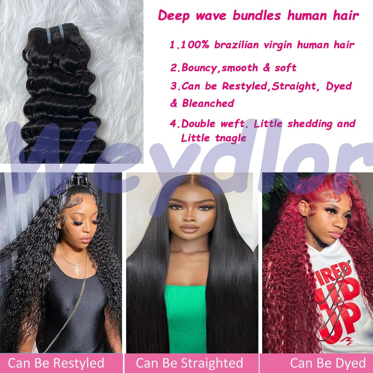 Weydlor 22 Inch Deep Wave Human Hair Bundles 12A Brazilian Deep Curly 1 Bundles for Black Women 100% Unprocessed Wet and Wavy Bundle Human Hair Natural Black