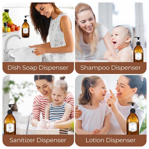Homepicker 16 oz Amber Glass Soap Dispenser with Pump, Glass Pump Bottle for Lotion Body Oil, 500ml Hand and Dish Soap Dispensers Set with Storage Caps, Labels - 2 Pack