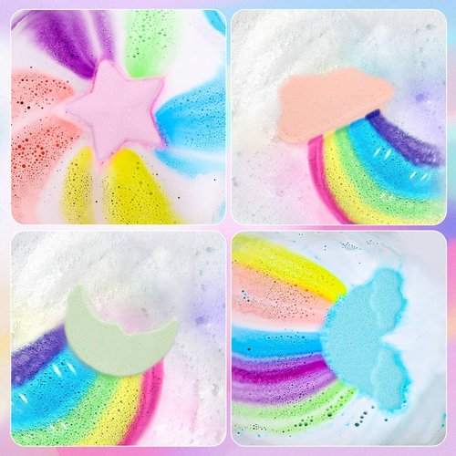 Rainbow Bath Bombs for Kids - 4 Pcs Handmade Natural Kid Bath Bombs, Valentines Easter Gifts for Kids, Girls Easter Basket Stuffers, Organic Bubble Bath