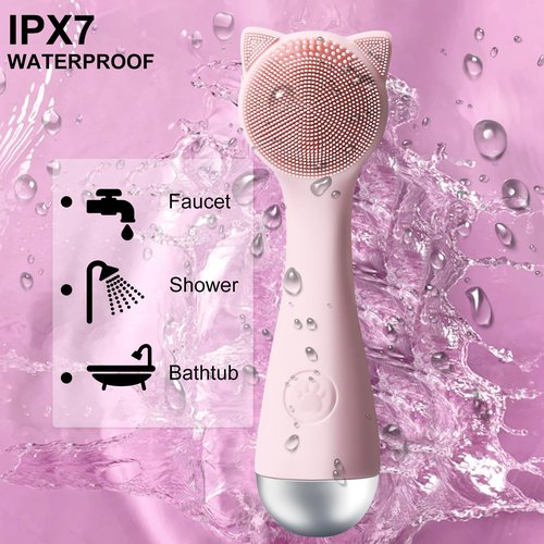Facial Cleansing Brush, Silicone Face Scrubber Exfoliator for Men & Women, Electric Face Brush Waterproof, with 3 Speeds Adjustable for Deep Cleaning, Removing Blackhead, Facial Massaging (Pink)