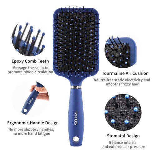 RHOS Paddle Hair Brush for Men - Detangler Brush with Nylon Bristles for All Hair Types | Blue