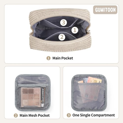 GUMITOON Small Makeup Bag Pouch for Purse Cute Cat Corduroy Mini Cosmetic Bag for Women with Slip-in Pockets Sanitary Napkin Pouch,Beige