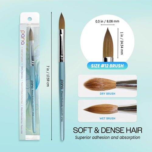 PANA Pure Kolinsky Hair Acrylic Nail Brush - Oval Crimped Teal Wood Handle (Size 12)