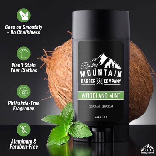 Rocky Mountain Barber Company Natural Deodorant for Men - Aluminum Free, Plant-Based, Peppermint Scent - 2 Pack, 2.65 oz Each