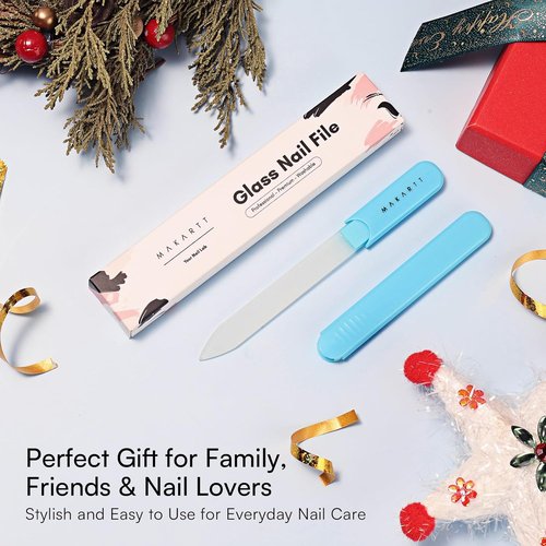 Makartt Glass Nail File - Double-Sided Sandblasted Crystal Buffer with Case | Reusable Portable Manicure Tool - Blue