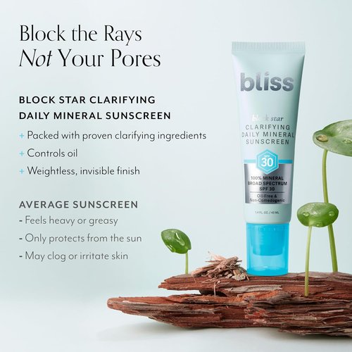 Bliss Block Star Daily Mineral Sunscreen - Broad Spectrum SPF 30 for Blemish Prone Skin | 1.4 Fl Oz