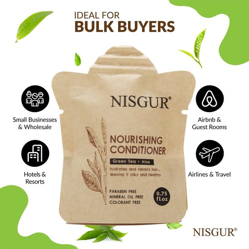 NISGUR Hotel Conditioner Bulk 0.75 oz 100 Pack Non Plastic Travel Size Conditioner Paper Pouch Packed Aloe and Green Tea Extract Infused