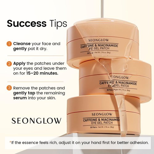 SEONGLOW Caffeine Under Eye Patches: 30 Pairs Korean Hydrogel Eye Masks for Dark Circles Puffiness Relief with Niacinamide Hyaluronic Acid - Undereye Brightening Hydrating Anti-Wrinkle Treatment