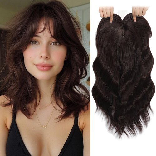 TYQ Hair Toppers for Women with Thinning Hair,14 Inch 360° 3D Synthetic Curly Wavy Side Part Clip in Bangs(Light wine red)