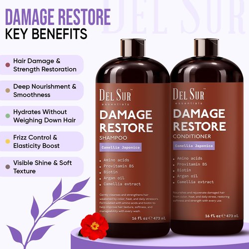 DEL SUR Hair Repair Shampoo & Conditioner Set - Moisturizing & Damage Repair | 16 fl oz Each | Infused with Camellia Japonica, Amino Acids, Biotin & Argan Oil