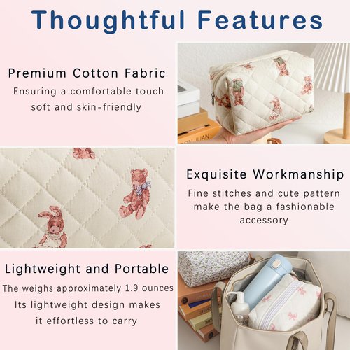 RSRSLEII Small Quilted Cotton Makeup Bag, Aesthetic Cosmetic Bag, Cute Floral Makeup Pouch, Kawaii Trendy Preppy Travel Toiletry Bag for Women and Girls (07 Bear)