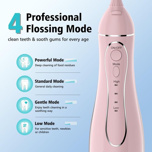 Leominor Water Flosser Pick for Teeth, 300ML Portable Oral Irrigator Upgraded Tank Removable,IPX7 Waterproof, Rechargeable Travel Teeth Cleaner, Professional Electric Flossing Machine (Pink)