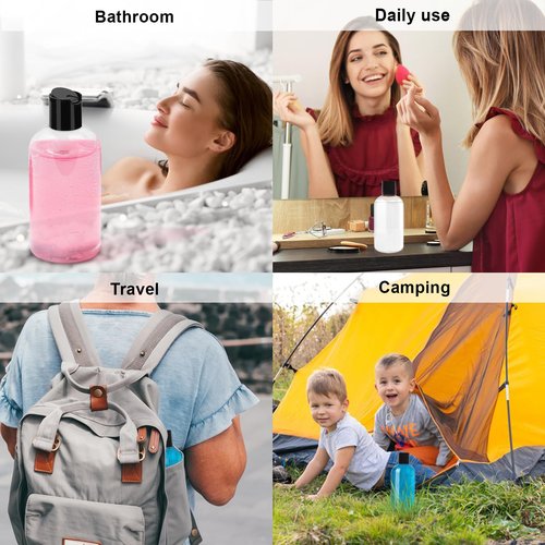 Neendohome 6 Pack 8 oz Empty Plastic Bottles with Black Disc Caps Reusable Clear Leak-Proof Travel Squeeze Containers for Shampoo Conditioner Toiletries Liquid Soap
