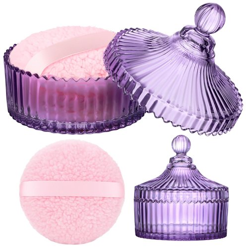 Ferrochef Extra Large Body Powder Puff and Container, 5.5'' Crystal Container with 5.3'' Oversize Dust Powder Puff Washable Reusable Face Body Glitter Wet Dry Makeup for Women(Purple)