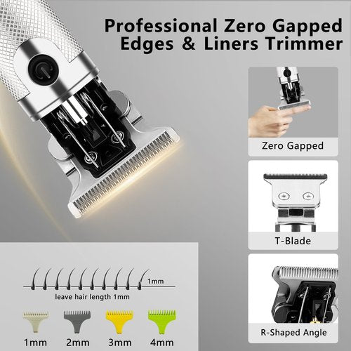 Adaife Professional Hair Clippers for Men, Electric Cordless Clippers and Trimmers Set, Nose Hair Beard Trimmer, Hair Cutting Barber Clippers with Guards, T Liners Edgers Clippers for Mens (Silver)