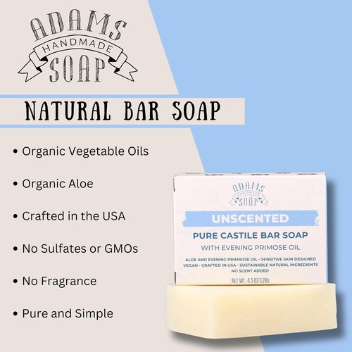 Adams Handmade Soap Unscented Pure Castile Bar Soap – 4.5 oz | With Evening Primrose Oil | Vegan, Cold Process, 84% Organic, Fair Trade, No Fragrance, Sensitive Skin Safe, USA Made