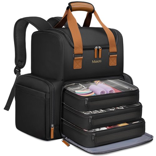 Mancro Hairstylist Travel Bag, 2-Layer Cosmetology Bag with 3 Separate Pouches and 2 Side Pockets, Professional Barber Bag Backpack with Adjustable Dividers for Cosmetology Supplies,Black