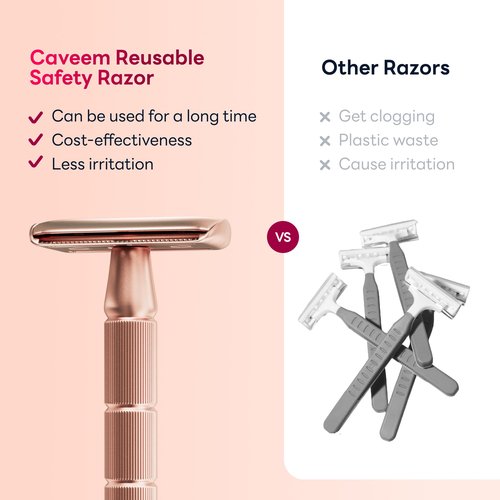 CAVEEM Rose Gold Double-Edge Safety Razor, Single-Blade Razors with 5 Stainless Steel Blades, Reusable Metal Razor for Men and Women