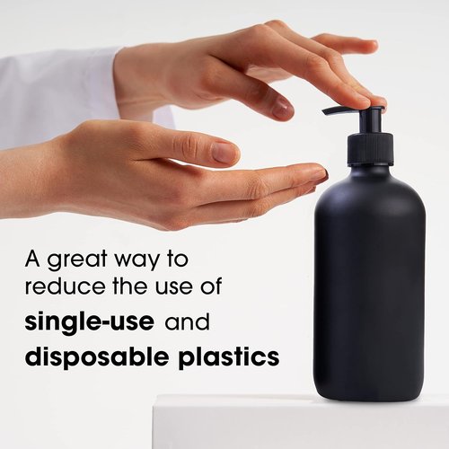Boston Round Glass Bottles - 16oz Reusable Spray & Soap Dispenser Set of 2 | Black
