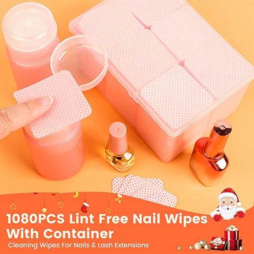 Corconess 1080PCS Lint Free Nail Wipes with 2 Acetone Dispensers, Nail Polish Remover Wipes with Pump Dispenser,Lash Extensions Glue Cleaning Wipe Empty Pump Bottle Pump Wipes Nail Kit
