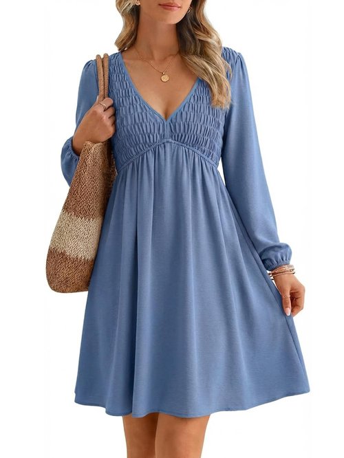 BerryGo Women's Summer Swing Babydoll Dress Smocked Top Flowy Long Sleeve Dress Cute Empire Waist Beach Dresses 2025(Blue,Medium)