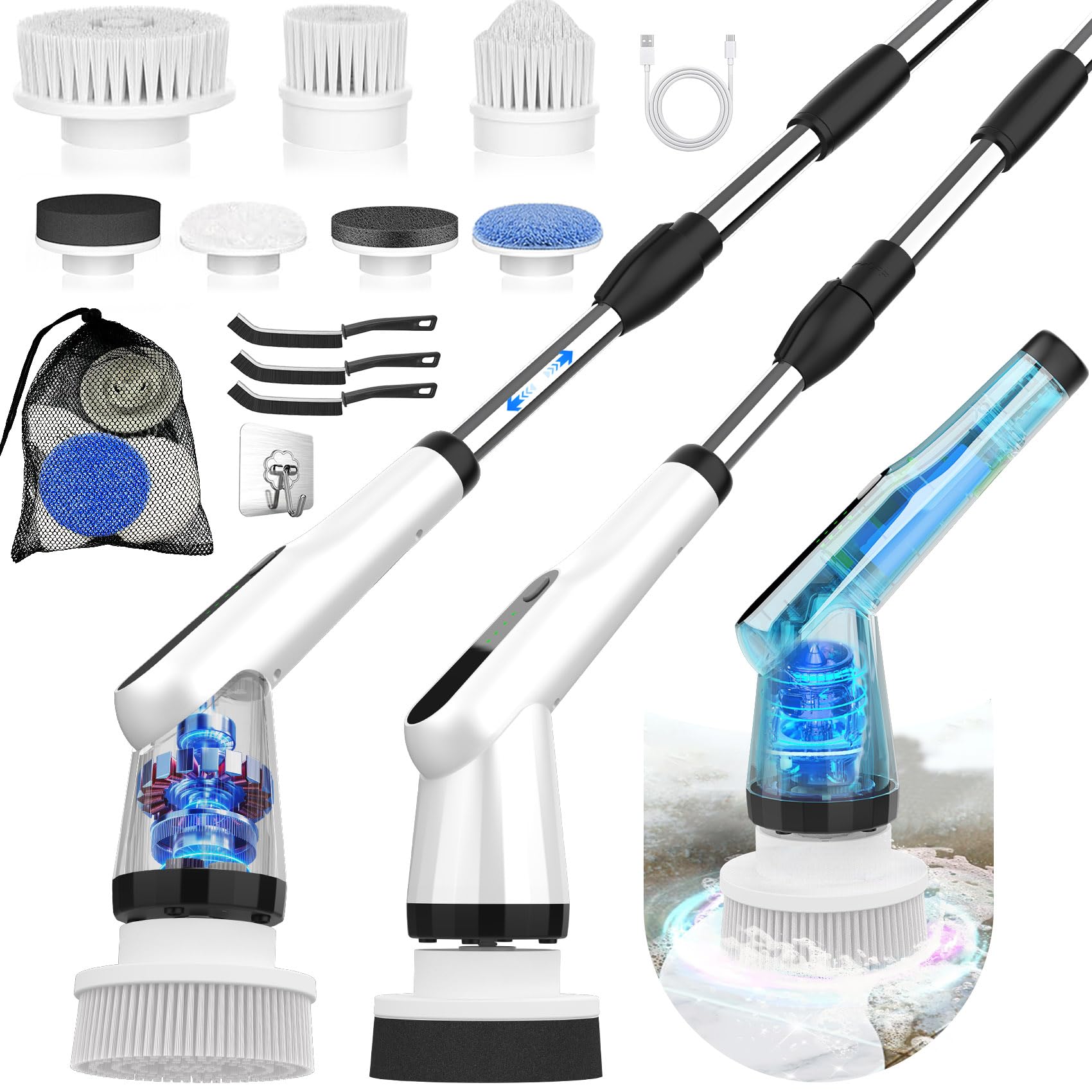 WKY-Electric Spin Scrubber - Upgraded 12-in-1 IPX7 Waterproof Shower Scrubber, Retractable Handle & 2-Speed for Toilet, Bathroom, Bathtub, Tile Floors