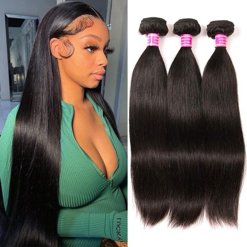 Straight Bundles Human Hair 10 12 14 Inch Human Hair Bundles Raw Thick Straight Hair 12A 100% Unprocessed Brazilian Virgin Hair Extension Double Weft Weave Natural Black, Keep Texture Silky Soft