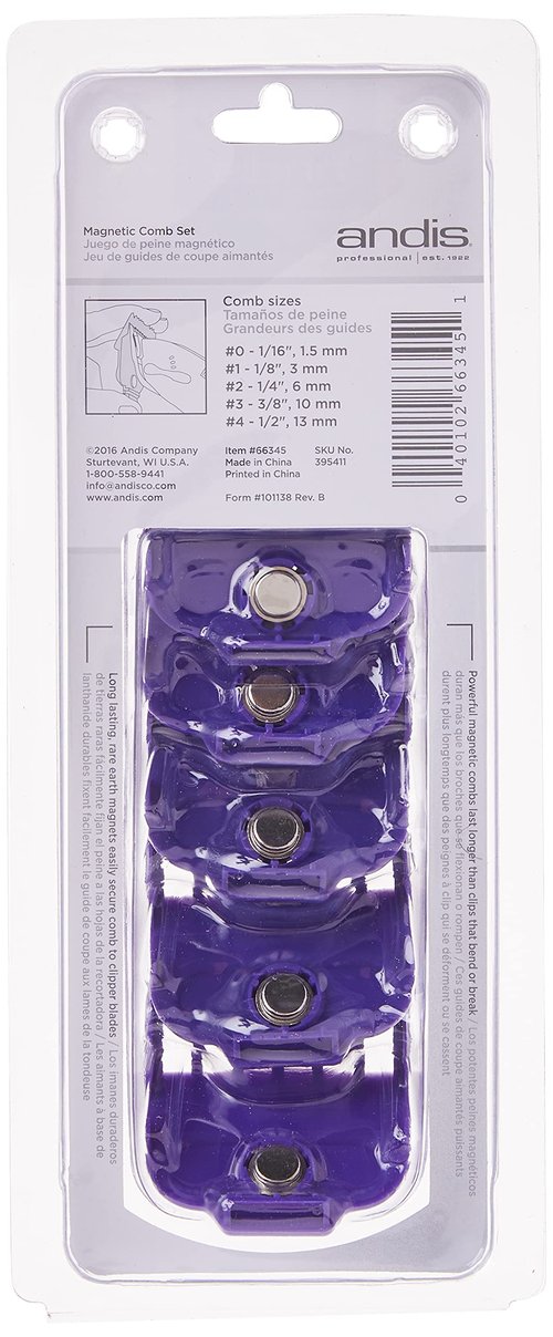 Andis 66345 Nano-Silver Magnetic Attachment 5 Combs with Long-Lasting Performance - Sizes 6", 8", 4", 3/8", 2", Provide Professional Haircuts and Styles – Purple