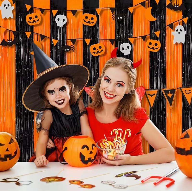 Black and Orange Streamers Halloween Backdrop Foil Fringe Curtain - 3.3ft x 6.6ft, 2 Pack