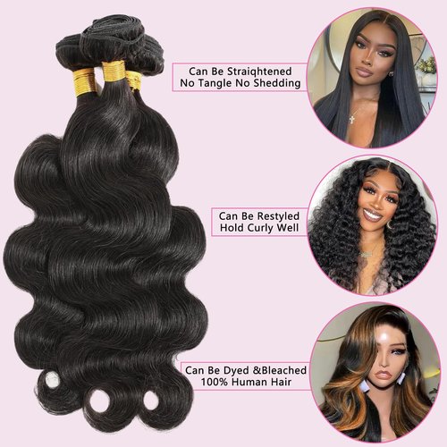 Human Hair Bundles 12 12 12 Inch Body Wave Bundles Human Hair 100% Unprocessed Brazilian Virgin Body Wave 3 Bundles Human Hair Extensions for Black Women Natural Black