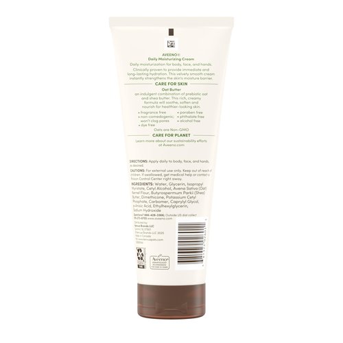 Aveeno Daily Moisturizing Cream with Prebiotic Oat & Shea Butter, Body, Face & Hand Cream for Normal to Dry, Sensitive Skin Hydrates for 48 Hours, Fragrance Free & Non-Comedogenic, 7.5 oz