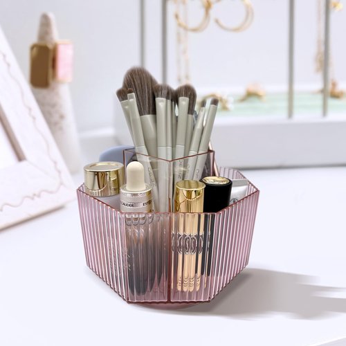 LiteTour Crystal Pink 360° Rotating Makeup Brush Organizer, Multi-Compartment Storage for Skincare, Cosmetic Tools, Vanity, Desk, Stationery, Pens, Office & Countertop Organizer for Bathroom & Home