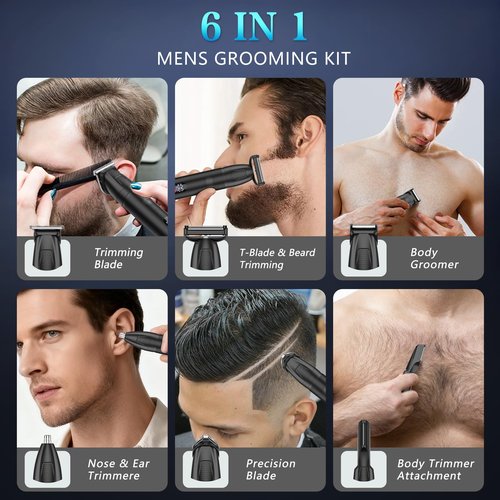 Bomxin 6-in-1 Men's Grooming Kit, Cordless Beard Trimmer & Hair Clipper for Men with Nose Hair Trimmer & Mustache Trimmer Attachments, Waterproof USB Rechargeable Personal Care Set, Gifts for Men
