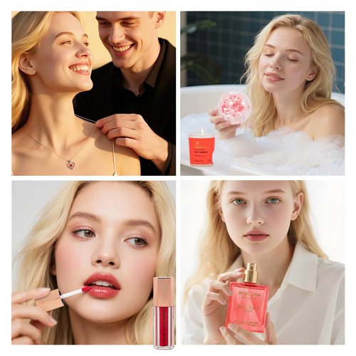 33 pcs Valentines Day Gifts for Women, Red Rose Spa Bath & Body Gift Set, Face Sheet Mask Skin Care, Hydrogel Mask, Lip Gloss, Cosmetic Bag, Serum, Necklace, Cleanser, Gua Sha, Mother Day, Birthday