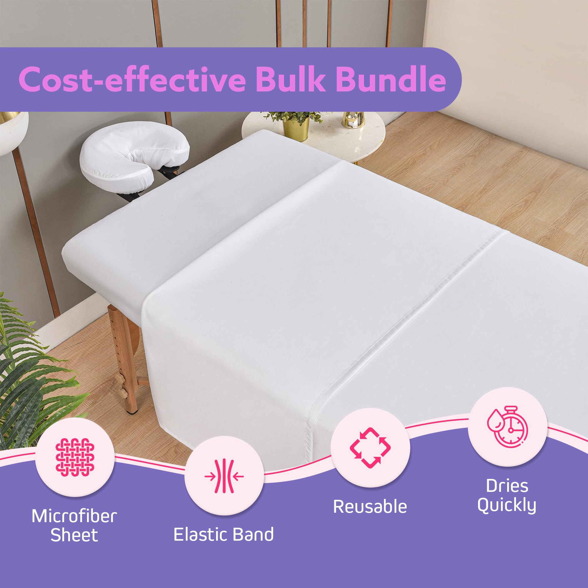 XOLLOZ Massage Table Sheets Set – 3 Piece 4 Set, Microfiber Spa Bed Sheets, Cotton-Feel Massage Bed Cover, Wrinkle & Oil Resistant, Soft Accessories for Estheticians – White