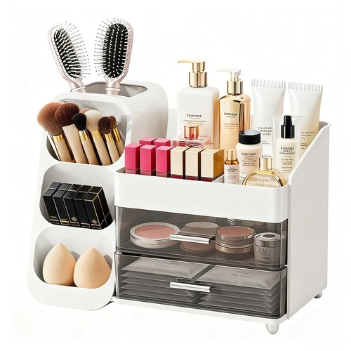 ShinyDew Makeup Organizer with Brush Holder for Vanity, Spacious Cosmetic Display Case with 2 Drawers, The Perfect Bathroom Vanity Organizer for Beauty Essentials, Skincare, Lipsticks