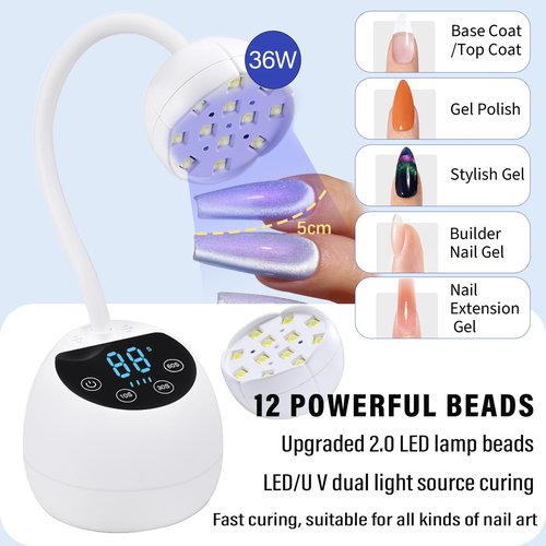 PHAIN Mini U V LED Nail Lamp with 3 Timers and LCD Display,36W Cordless Flash Cure Gel x Nail Lamp, Auto Sensor Gooseneck Portable USB Gel Nail Dryer U V Light for Home DIY, Pearl White, ML-10003