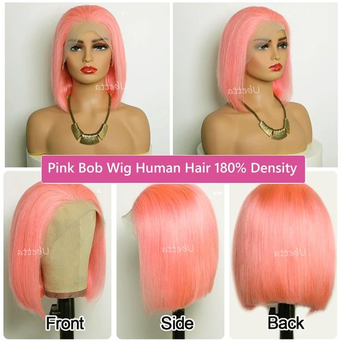 Bob Wig Human Hair Pink 13x4 Lace Front Wigs Human Hair, 180 Density Glueless Wigs Human Hair Pre Plucked Pre Cut 12 Inch Short Bob Wig Brazilian Virgin Human Hair Lace Front Wigs for Black Women