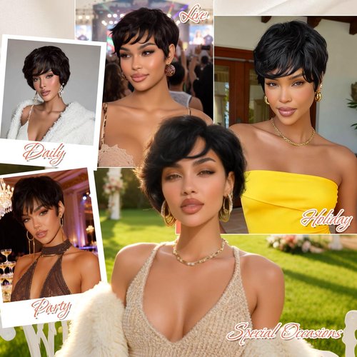 PEACOCO Short Pixie Cut Wig Human Hair for Black Women With Bangs Layered Wavy Wigs Glueless Human Hair Wear and Go Natural Black 1B
