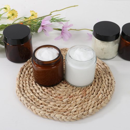 CAKKVDE 4 oz Amber Round Glass Jars with Black Lids 24 Pack- Portable Empty Glass Containers with Inner Liners for Cosmetic, Food Storage, Body Butters, Body Butter, Candle Jars