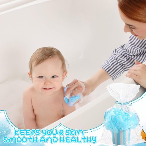 Afarnook 50 Set 50 Set Shower Loofahs for Guests Include Bath Sponge Loofahs with Cupcake Gift Packaging Bow and Clear Plastic Bags for Baptism Gender Reveal Birthday Wedding Stuffer (Blue)