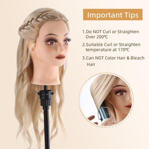 Mannequin Head Human Hair, Make Up Mannequin Head with 70% Real Hair Mannequin Cosmetology Manikin Practice Doll Head for hair styling Braiding Hairdressing Head